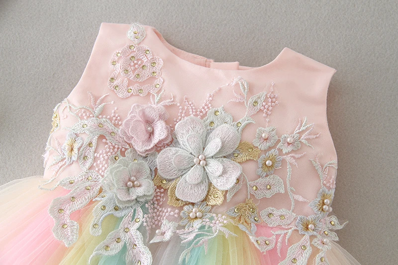 Boutique Wholesale Baby Girl Rainbow Color Dresses Princess Appliques Lace Tulle Infant Girls Pink Tutu Floral Dress