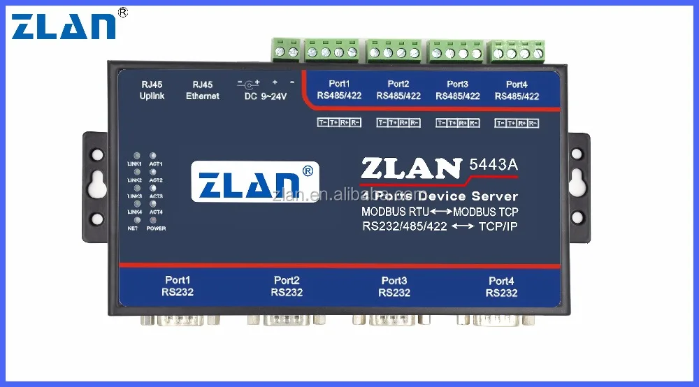  ZLAN5443A 4 порта RS232 RS485 RS422 в Ethernet TCP IP конвертер Modbus RTU отложным воротником шлюз последовательный сервер последовательных