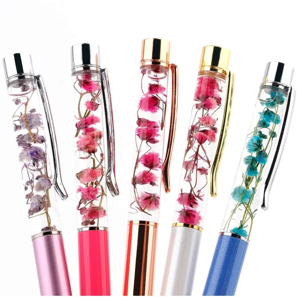 Dry Flower Ballpoint Pen,Dynamic Liquid Flower Pen,Black Ink Refill Ballpoint Pen Writing Stationery School