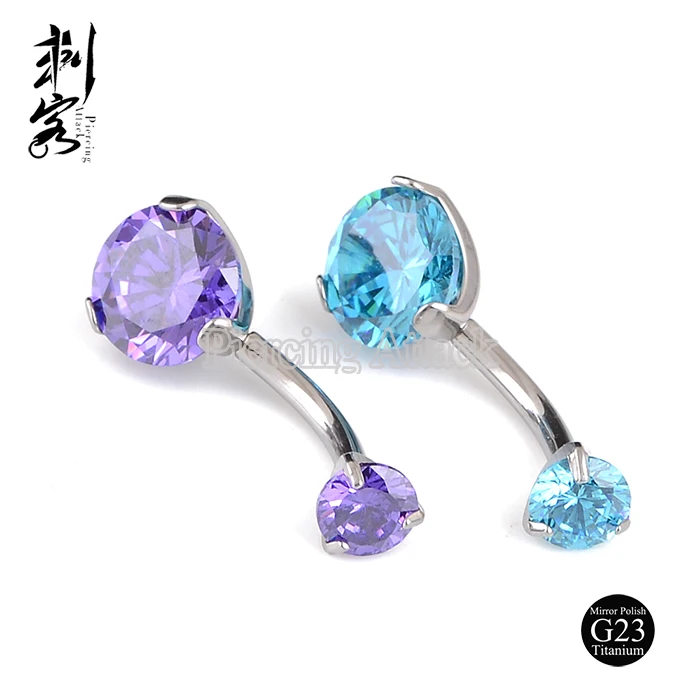 G23 Solid Titanium Internally Threaded Double CZ Gem Belly Bar Navel Belly Ring