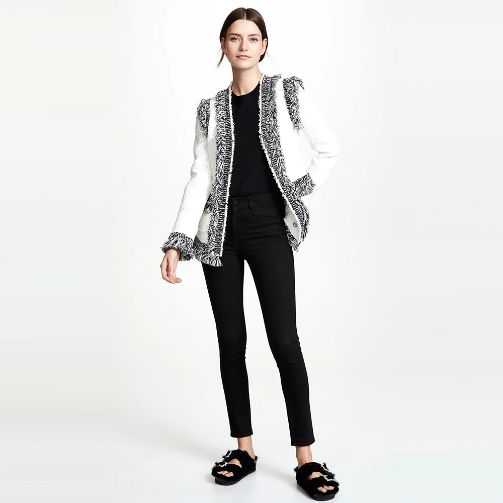 Latest winter jacket open stitch white vintage slim fit fashion tassel cutting plus size blazer jacket casual suit ladies blazer