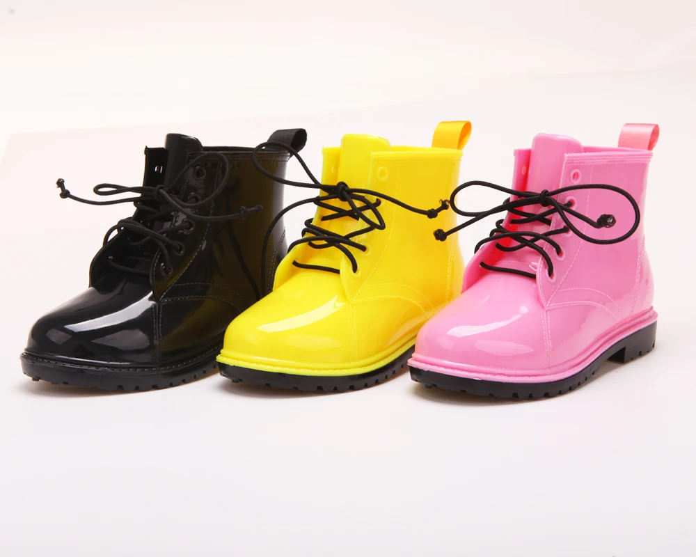 cool unique design waterproof lace up tie shoelaces children kids teenager ankle high rain boots wellies rain shoes