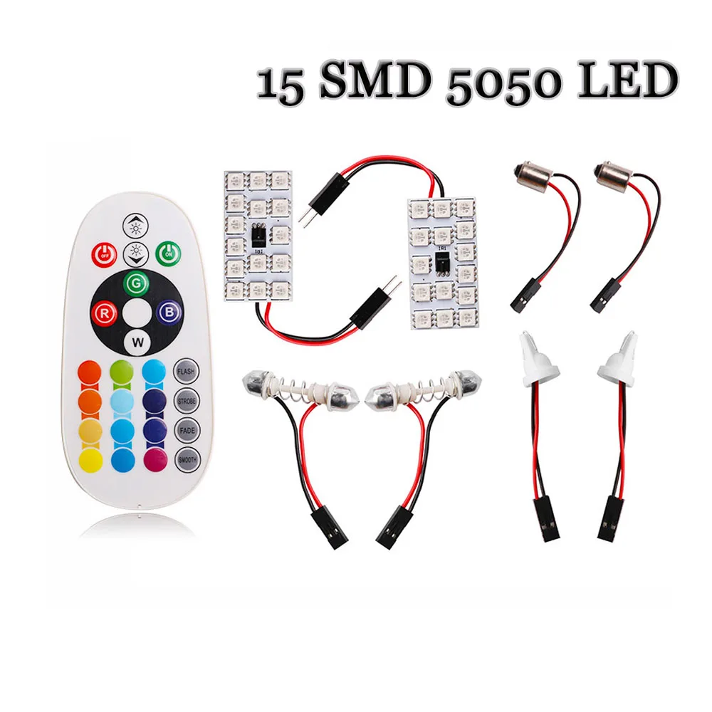 T10 RGB 5050 12 SMD 15 24 36 remote control Rgb car led panel interior Auto lights Reading Dome Festoon BA9S Adapter 12V