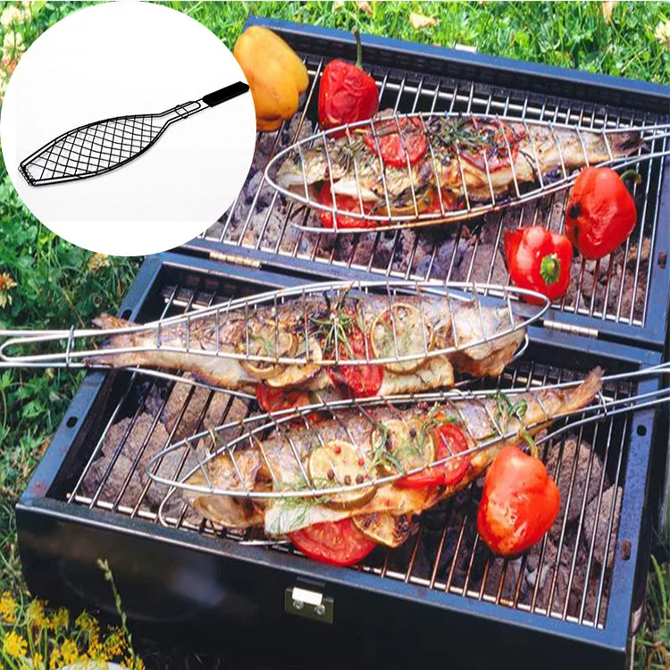 Barbecue Outdoor Kitchen BBQ Fish Grid Grilling Fish Basket Folder Tool BBQ Fish Net With Wooden Handle