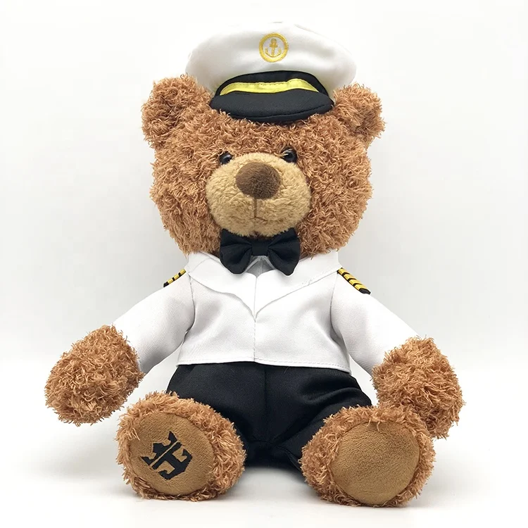 OEM plush Captain bear promotional gift Brown Pilot teddy bear stuffed toy with clothes