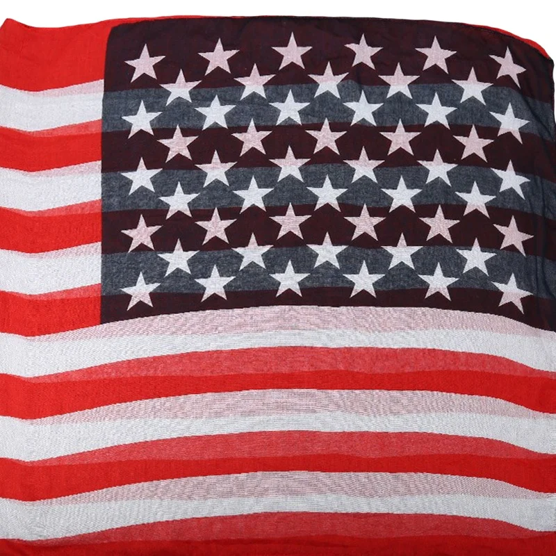 Wholesale Promotional Newest Fashion 100%polyester American Flag Print Scarf Women Soft Voile Stripes Stars Flag Printed Shawl