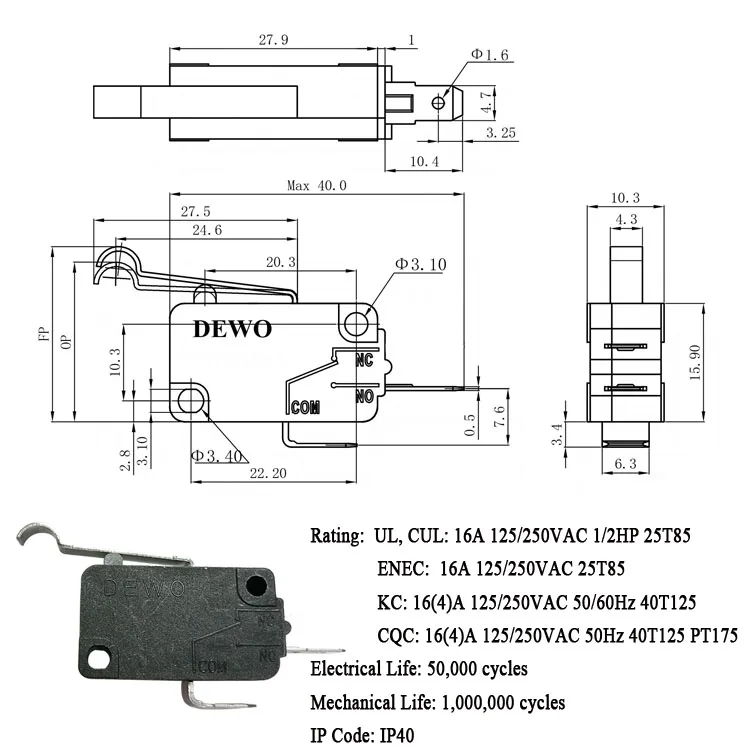 Electric heater 2 way micro switch 40t125
