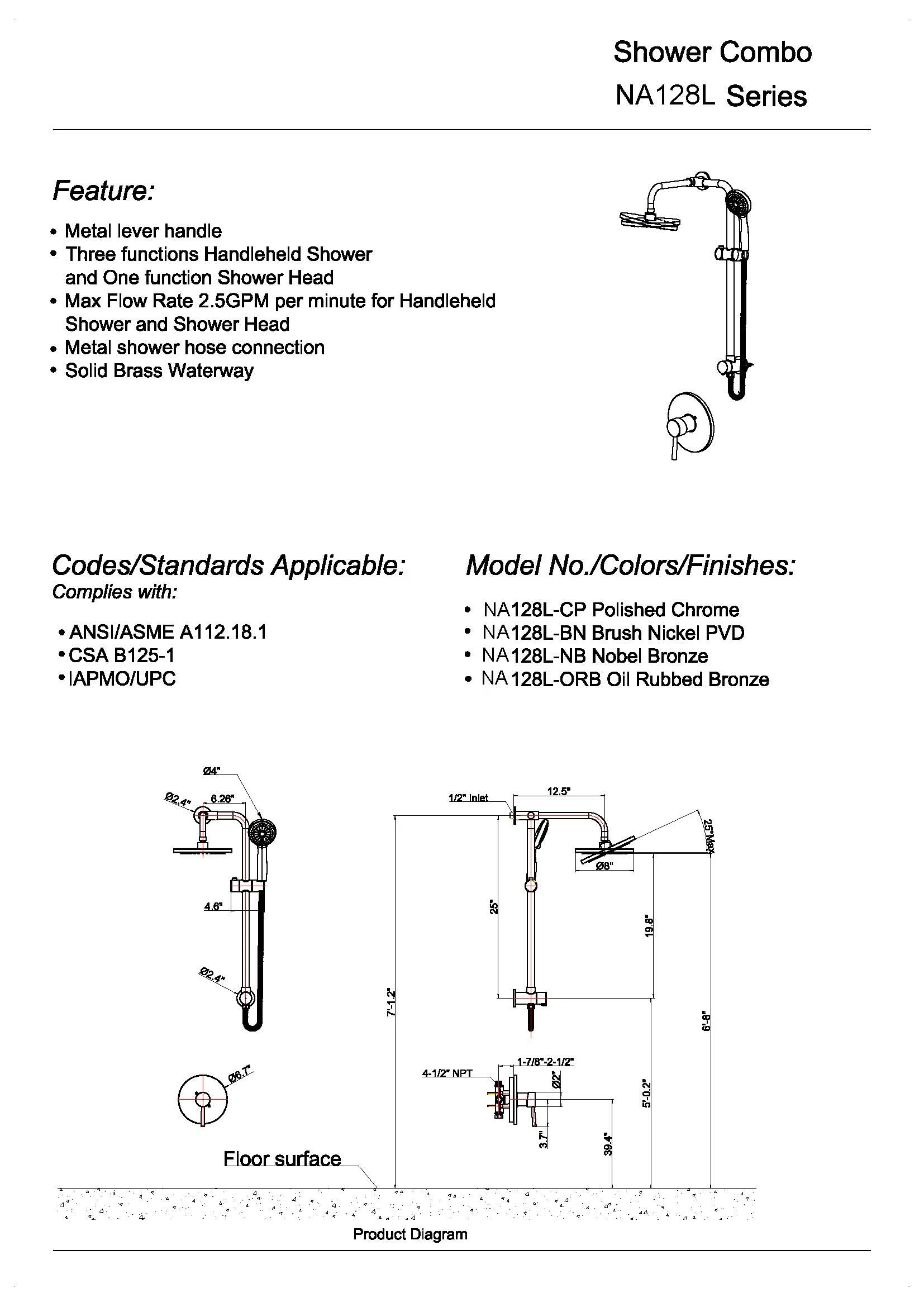2019 INNADA brand CUPC shower Fixture,  Shower Room Bath and Shower  Faucet  Plumbing Fixture