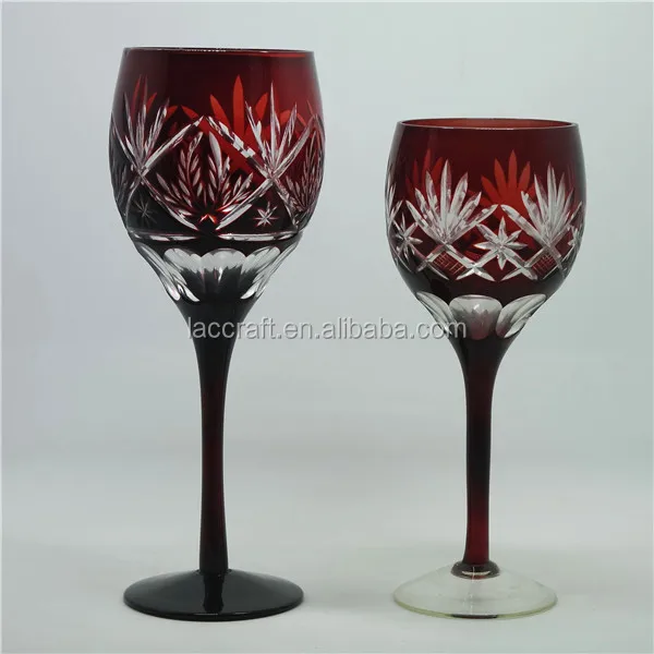 Bohemian Czech Bronze Red Overlay Hand Cut Glass Wine Goblet Stemware