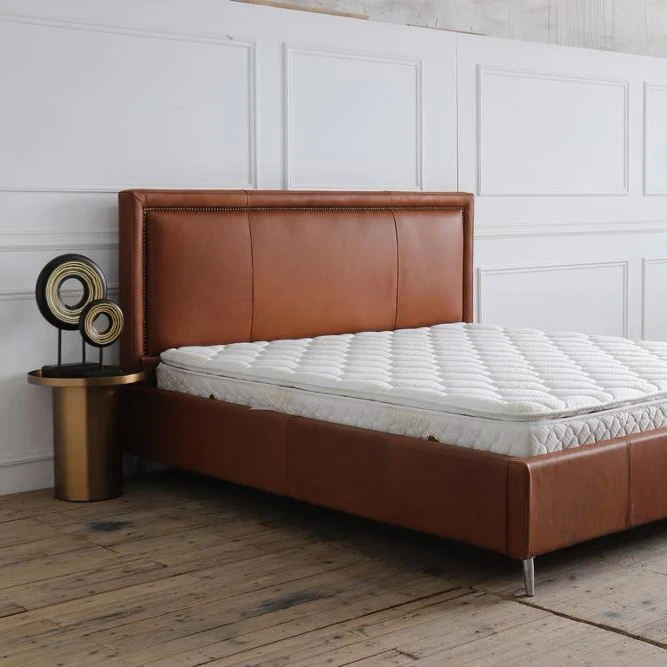 vintage brown leather europe style hotel project  high headboard  king size bed