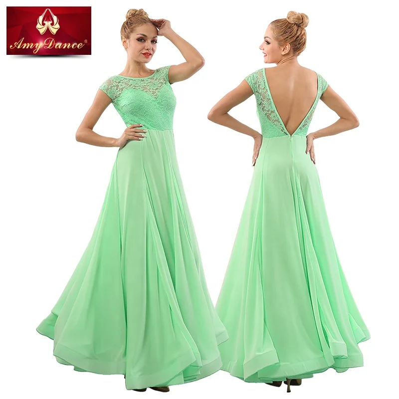 
Elegant large hem lace short sleeves long professional practice modern ballroom dance wear women ballroom dance dress 