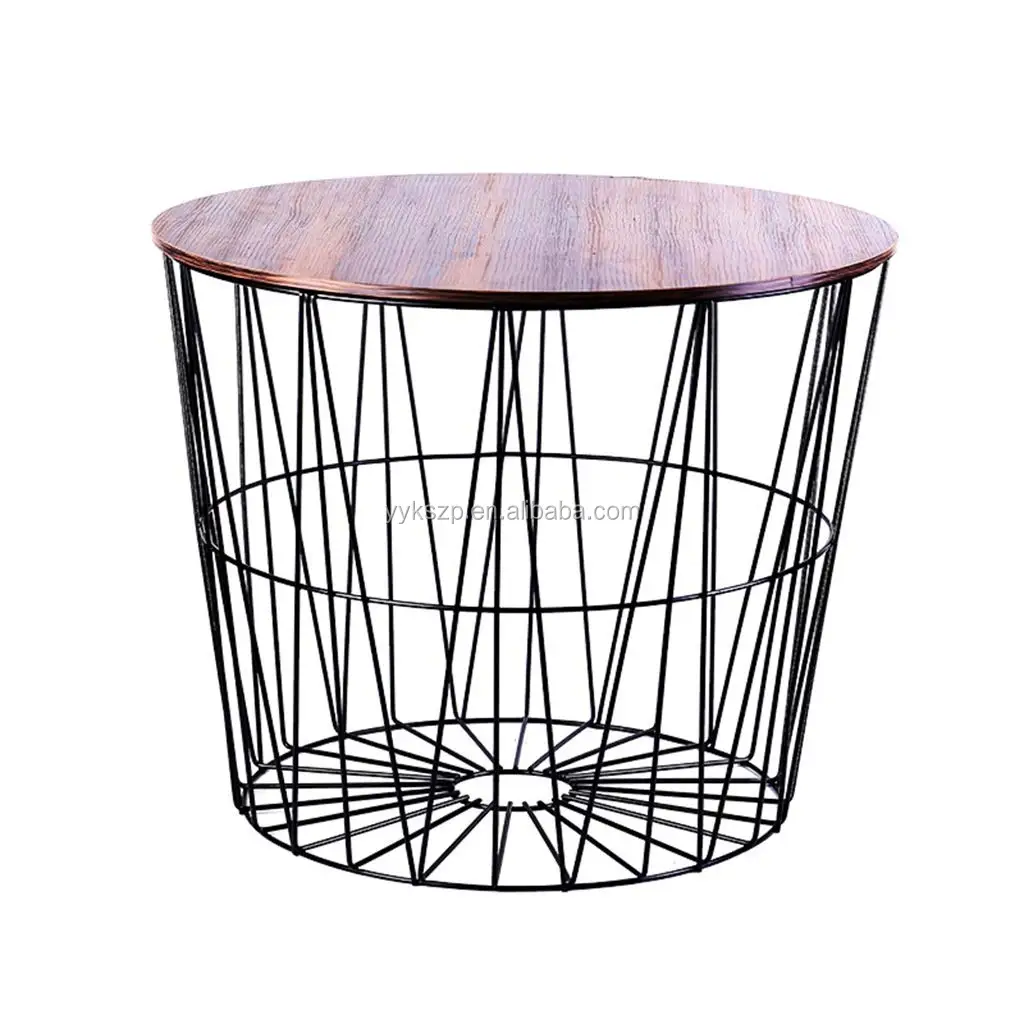 
Storage basket design metal wire frame coffee table set with solid wood cover 