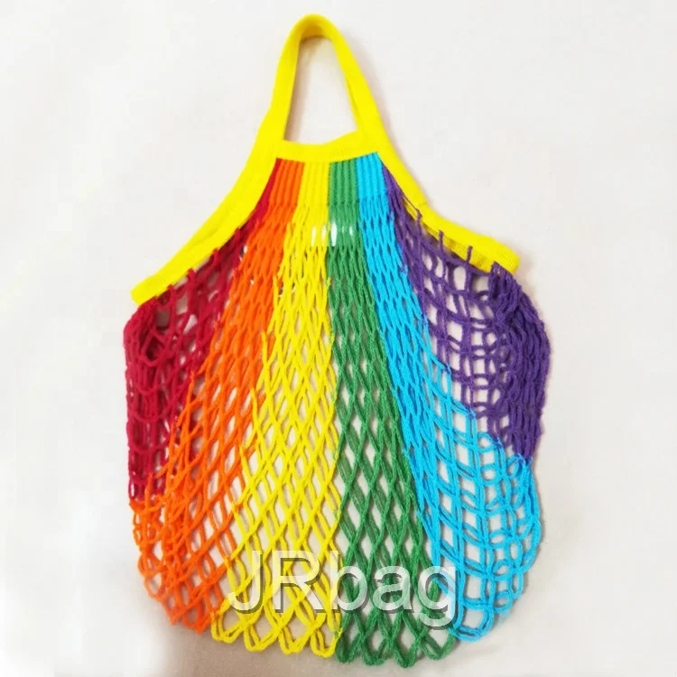 Manufacture Eco 100% Cotton French Style Rainbow Large Filter Shopping Storage String Market Mesh Net Bags with Shoulder Straps
