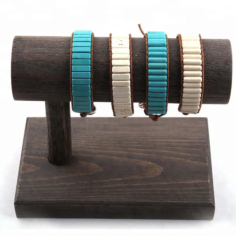 Fashion Thread Leather Wrap Bracelet Pierre Naturelle Flower Button  Rectangle White Turquoise Stone Bracelet