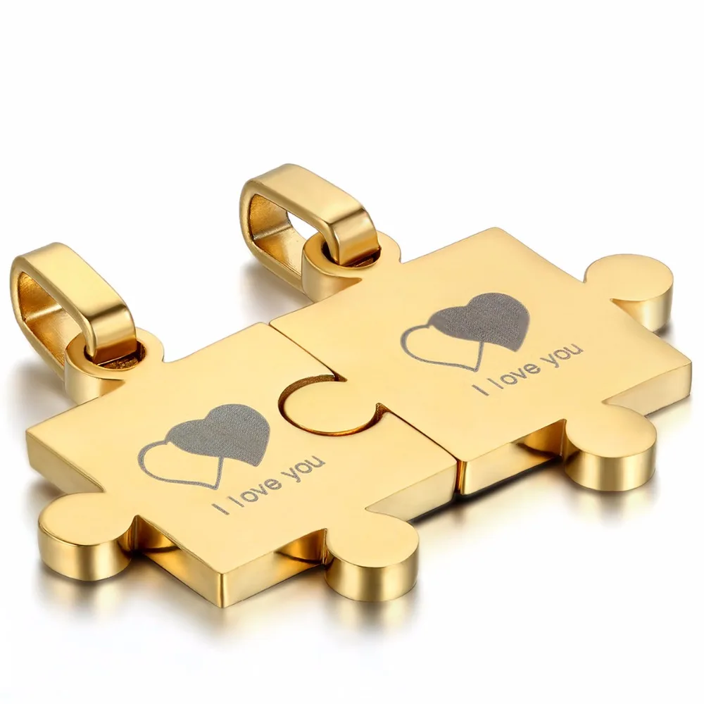 Stainless Steel Cute Couples Puzzle Necklace Pendant Piece Charms Plated Color Sweethearts Necklaces for Christmas Gift