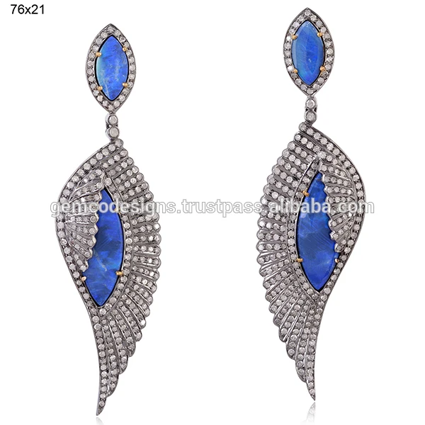 18k желтое золото опал драгоценный камень болтаться серьги, 925 стерлингового серебра pave diamond шипованных серьги пера