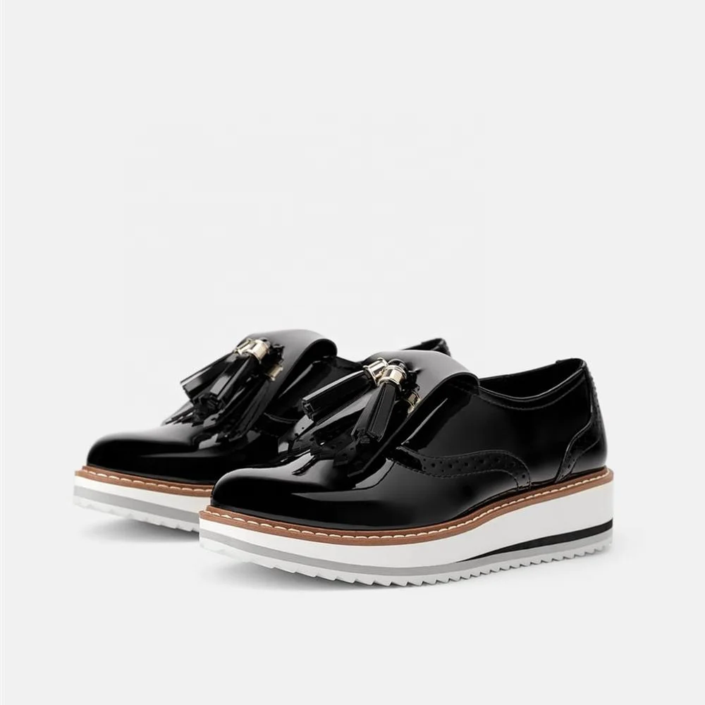 
MANRINO-0245 Black Oxford Style Patent Leather Upper Thick Sports Outsole Tassels Decor Womens Slip In Casual Sneakers 2019 