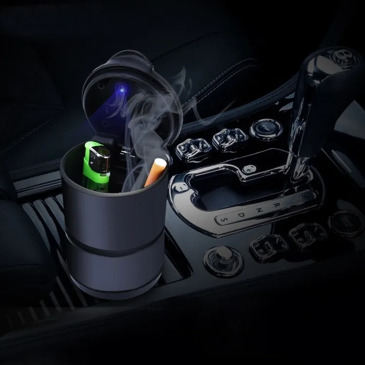 Car Ashtray, Easy Clean Up Detachable Stainless Car Ashtray with Lid Blue Led Light and Removable Lighter for Most Car Cup Holde
