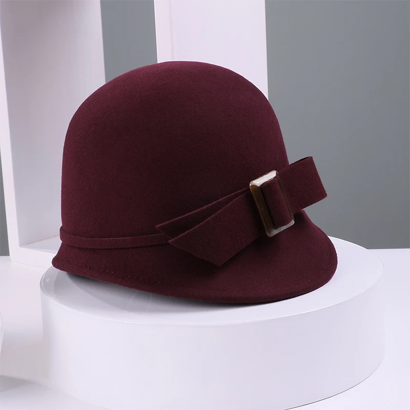 2019 Vintage Black Yellow Blue Bowler Wool Felt Cloche Hat With Bowknot Wide Brim Fedoras Ladies Floppy Derby Hats Cap Wholesale