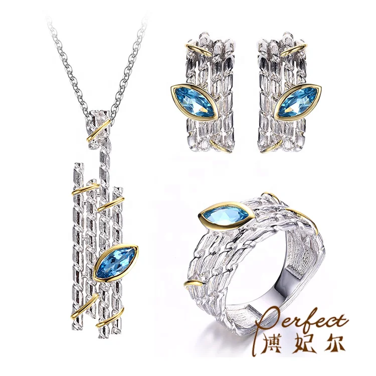 Unique Design Blue Topaz Silver Jewelry Engagement Earring Ring And Pendant Set