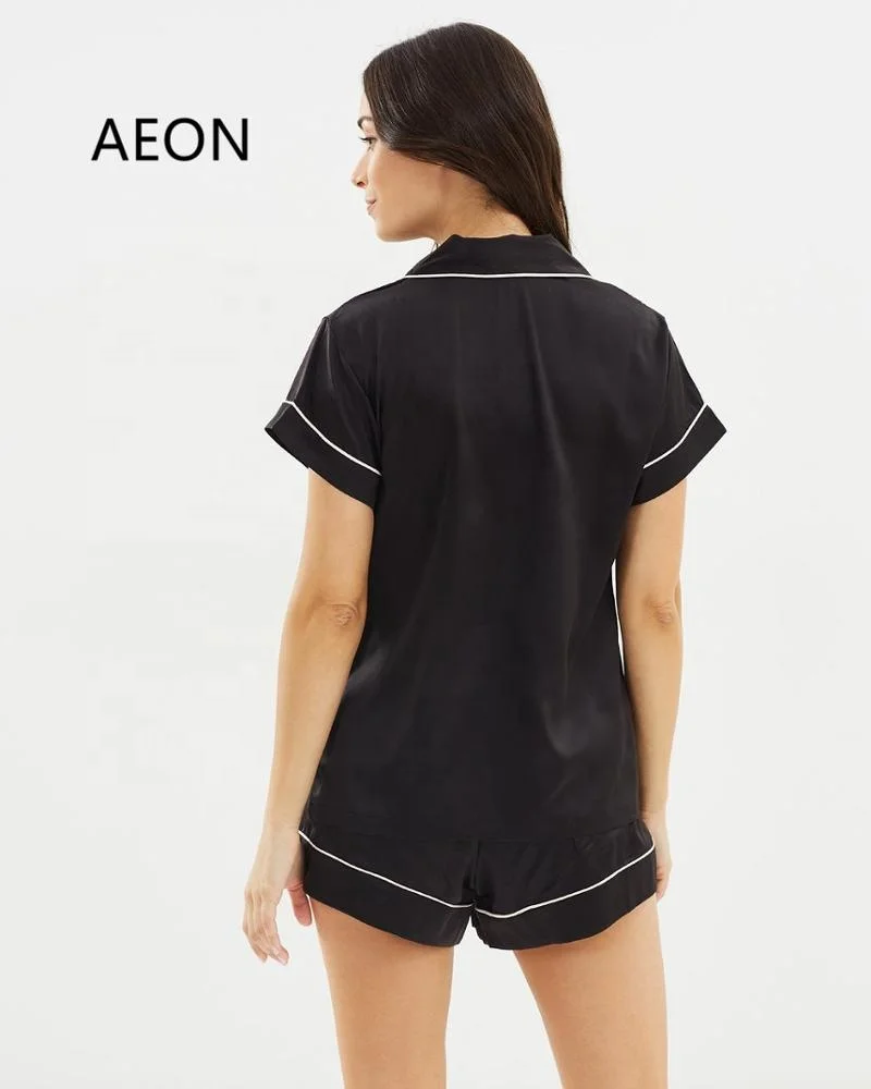 Luxury Blank Silky Satin Short Pyjamas Set For Women 2pcs Top and Shorts Pajama Set With Contrast Piping