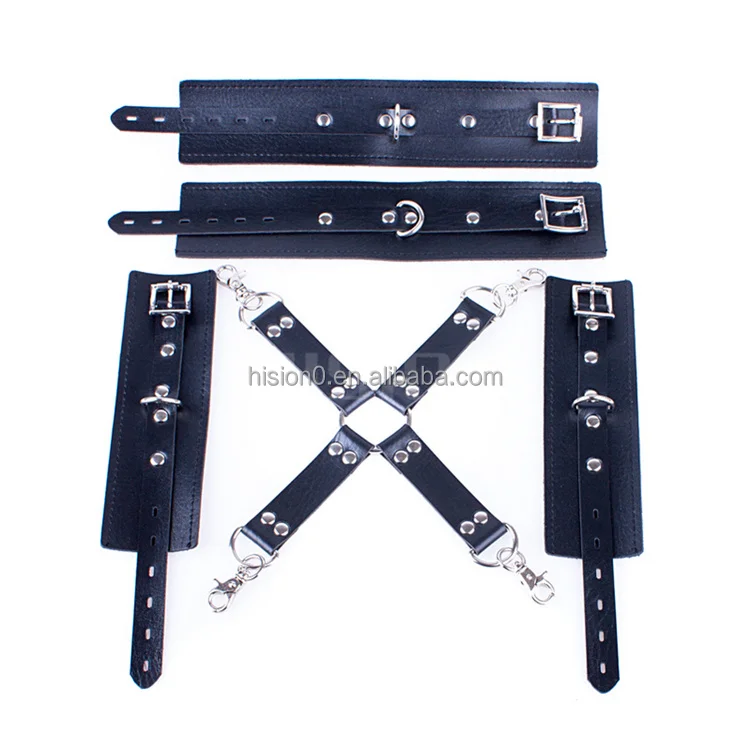 Wide Leather Hand and Leg Cuffs with Hogtie Wrist and Ankle Restraint Bondage Toys