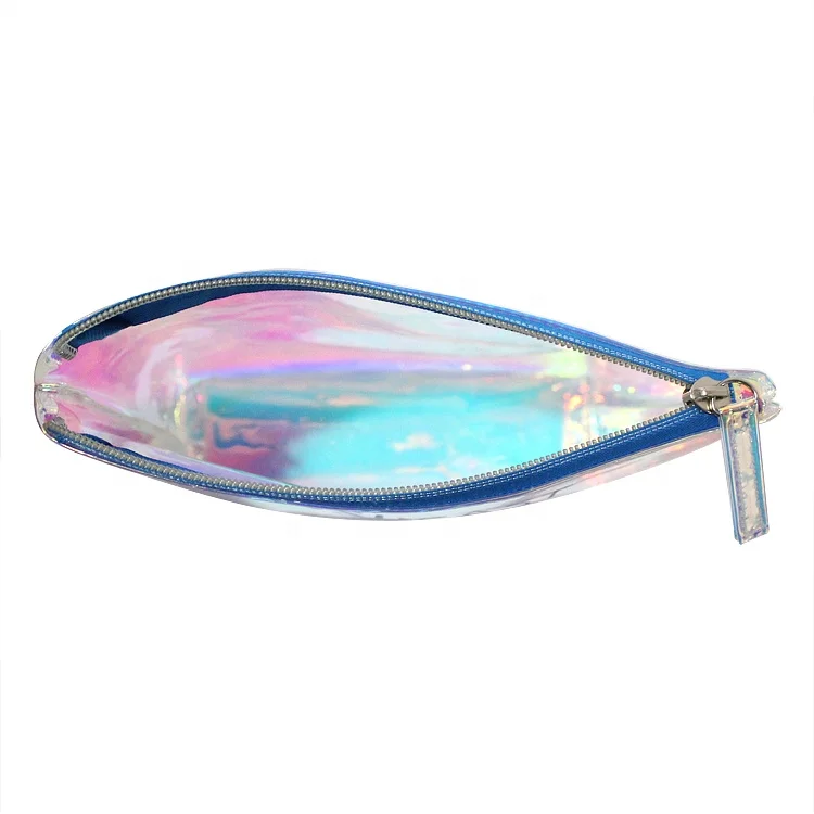 Custom hologram iridescent laser pvc cosmetic bag, transparent holographic PVC zipper makeup bag