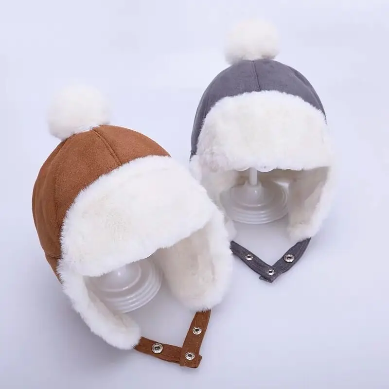 suede fabric earflap warm kid hat with pompom at top and soft fleece lining