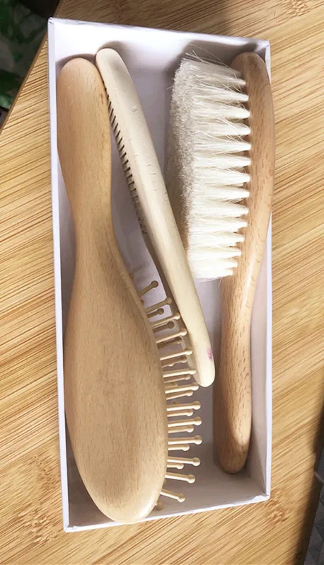 Factory Custom 100% Natural Wood Beech Newborn Baby Hair Soft Fleece Brush Comb Set