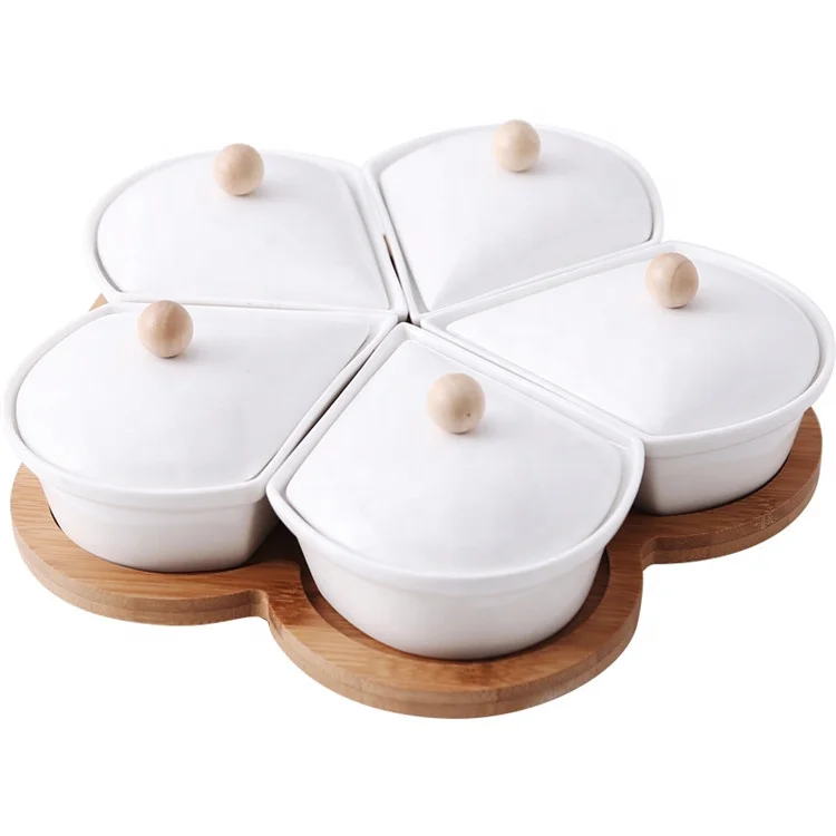 Tableware compartment cheap ceramic candy cookie lazy susan plate with lid