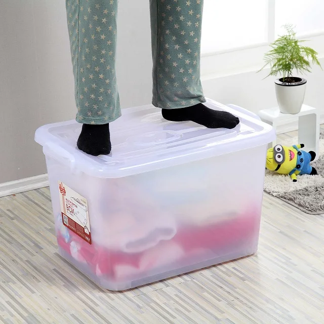Wholesale 100L Clear Plastic Bin With Lids Wheels Transparent Plastic Storage Box