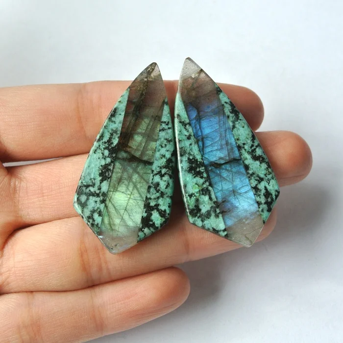 Customized New African Turquoise Labradorite Inlay Gemstone Earrings Bead 44x21x5mm 12.2g