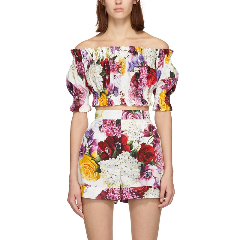 Full Floral Print Cover Up Fashionable Women Wearing Three Quater Sleeves Ruffles Neck Off the Shoulder Top Women