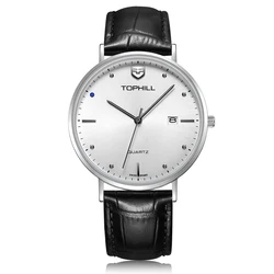 Minimalist Stainless Steel Case Back Genuine Leather Band Slim Stone Quartz Wrist Watch Japan