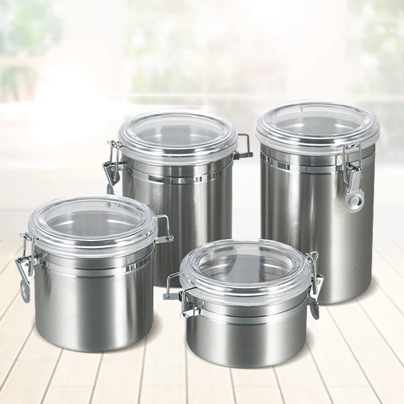 4pcs Food Sealed Airtight Round Kitchen Stainless Steel Coffee Sugar Tea Bottles Seasoning Jar Food Storage Canister Jar