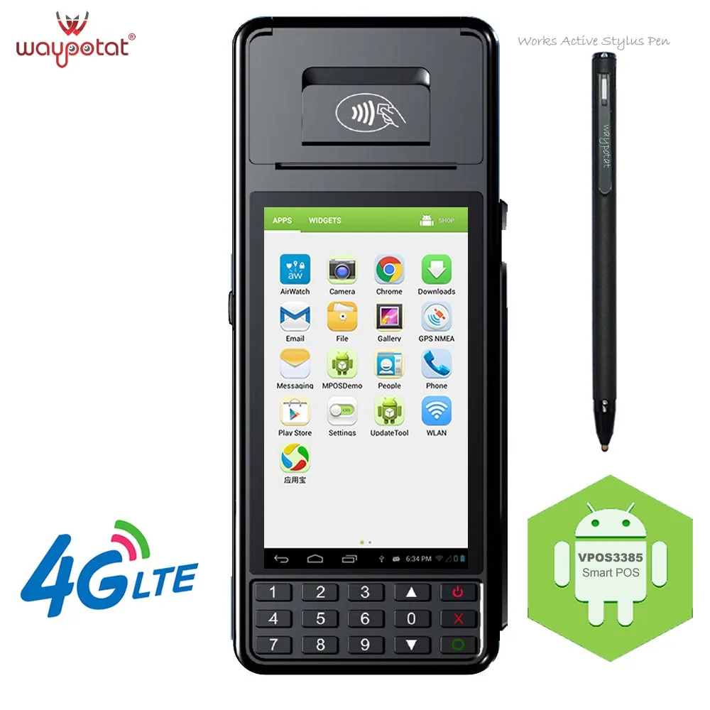 Waypotat latest 4G LTE Android smart pos terminal support fingerprint 2D barcode and EMV certified VPOS3385