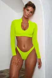 Long Sleeve Sexy Neon Mesh Crop Top Thong 2 Piece Set Extreme Micro String Women Bikini Swimwear