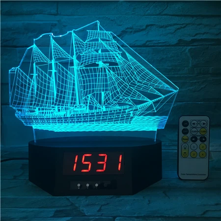 
Night Light 3D Acrylic 7 Color Change Remote Control Clock Calendar USB Sailboat Button Desk Lamp 
