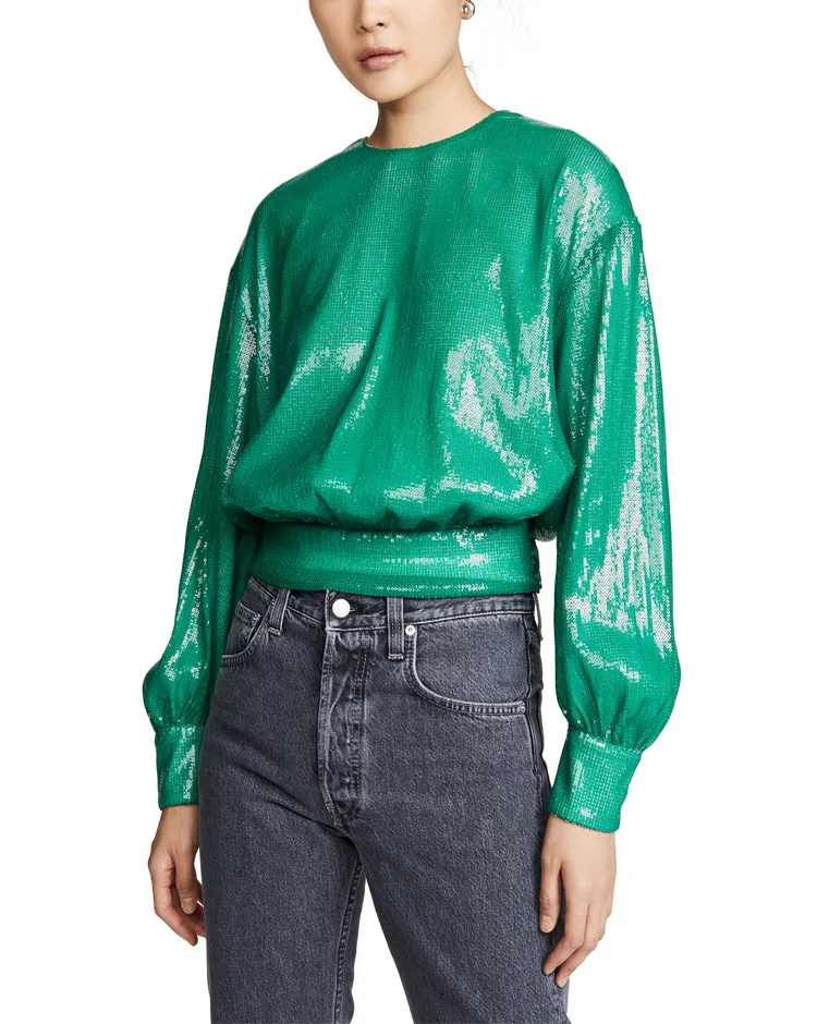 
Blouson sleeves green sequin top women banded waist and cuffs woman clothes fashion 