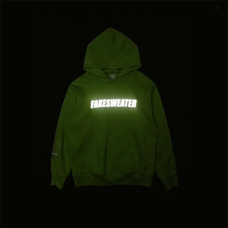 Fashion custom reflective/printing glow in the night neon color 100% cotton fleece terry style pullover hoodies/ hoody OEM