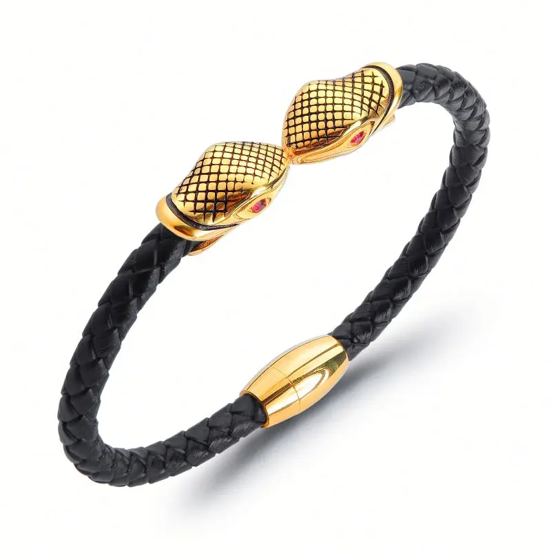 Custom Wholesale Mens Jewelry Braided Leather Stainless Steel Black Double Snake Bangle