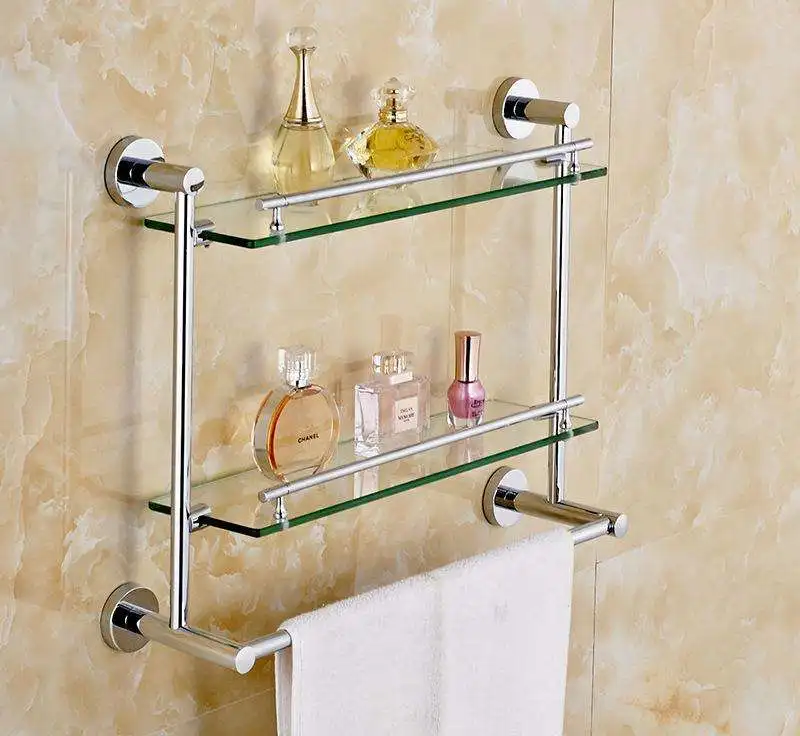 Unique wall mounted brass towel bar  chrome double bathroom  shelf