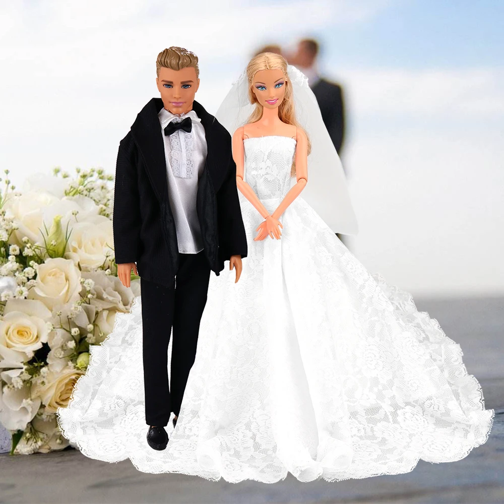
Fashion Princess Wedding Dress With Black Suit Doll Clothes Ken Doll Couple Set for 11.5-12inch Doll Kid Girl Toy Gift 