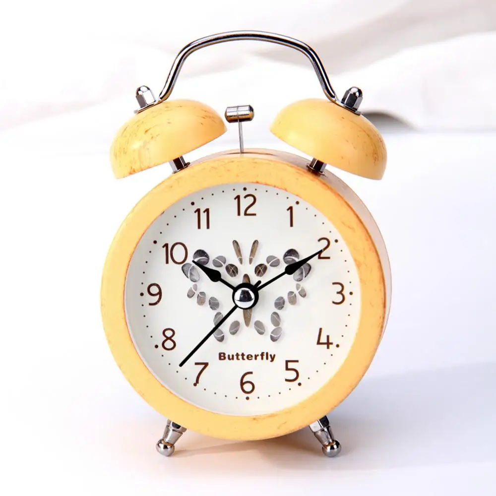 Metal twin bell alarm clock 3inch size with bamboo finishing case