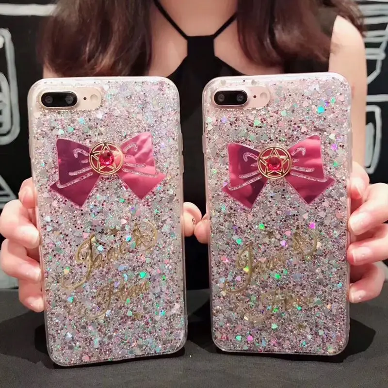 New Cute Cartoon Sailor Moon Case For iPhone 7 plus 6 6s plus Comics Paillette 3D Flash Powder Glitter Back Funda Cover Coque
