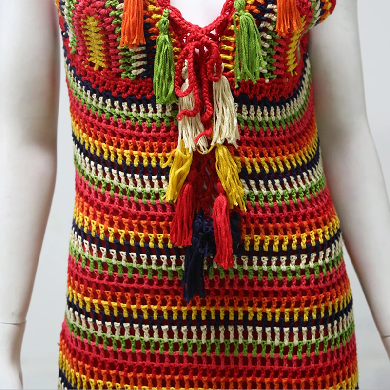 
Summer Women Colorful Sexy V Neck Cotton Short Dress Slim Spaghetti Strap Crochet Dress Elastic Backless Tassel Mini Dresses 