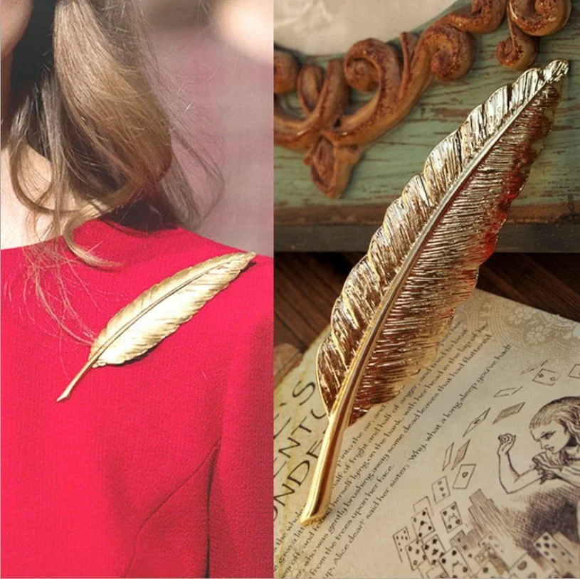 Custom design 10cm*2.3cm gold plated feather alloy brooch