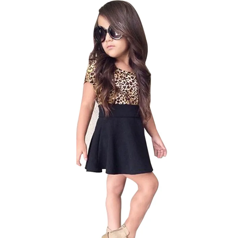 New Leopard Girl Dress Fashion Short Sleeve Summer Style Girls Clothes