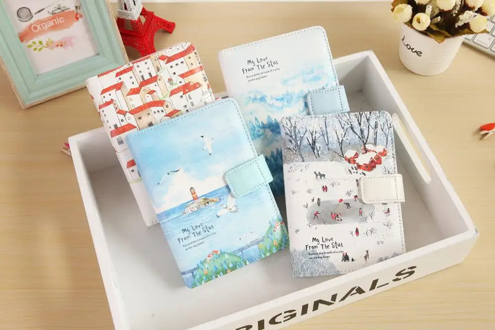 Wholesale Korea stationery gift set PU hardcover CMYK notebook + pen + washi tape