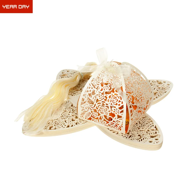 China Supplier Laser Cut Rose Hollow Out Paper Candy Favors Wedding Party Gifts Ribbon Box Bonbonniere
